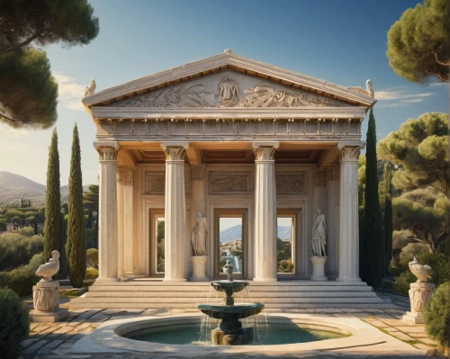 greek temple,temple of diana,palladian,zappeion,marble palace,roman temple,neoclassicism,panagora,caesar palace,palladianism,house with caryatids,neoclassical,vittoriano,caesonia,neoclassic,crillon,tempio,pompeii,pergola,arcadia,Illustration,Abstract Fantasy,Abstract Fantasy 21