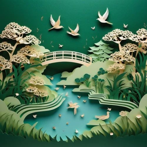 paper art,3d fantasy,mushroom landscape,fractals art,artificial islands,floating islands,wetland,japanese garden ornament,diorama,fairy world,japanese wave paper,ecosystems,bird kingdom,floating stage,fractal environment,japanese zen garden,koi pond,ecotopia,dragon bridge,ecopeace,Unique,Paper Cuts,Paper Cuts 03