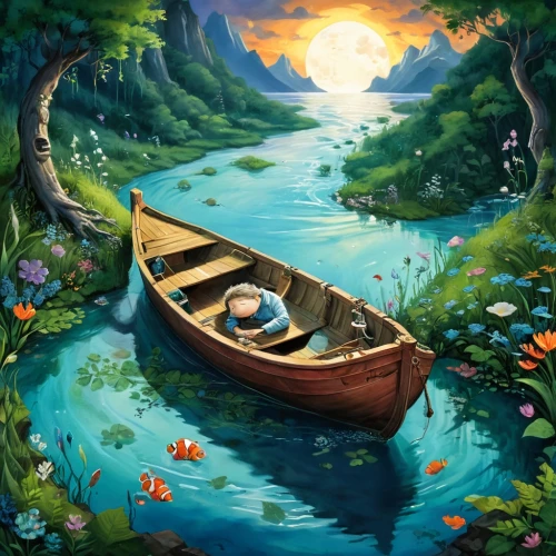 boat landscape,little boat,canoe,wooden boat,row boat,canoeing,water boat,world digital painting,fantasy picture,boat,rowboat,dugout canoe,pedalo,raft,sampan,floating on the river,canoes,river landscape,coracle,pedalos,Illustration,Abstract Fantasy,Abstract Fantasy 13