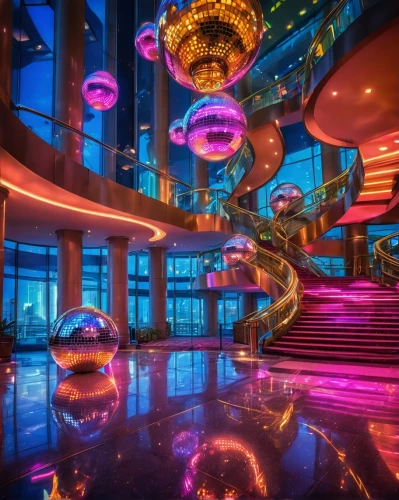 nightclub,lobby,hotel lobby,emporium,dragon palace hotel,vdara,largest hotel in dubai,ballroom,disco,spaceship interior,rotana,futuristic art museum,intercontinental,cotai,luxury hotel,mirror ball,faena,drai,shangrila,singapore,Illustration,Realistic Fantasy,Realistic Fantasy 38