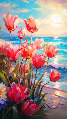 flower painting,splendor of flowers,flower background,pink tulips,dmitriev,flower art,sea carnations,flower in sunset,tulip background,flower water,sea landscape,floral background,colorful background,oil painting on canvas,art painting,beach landscape,sea of flowers,landscape background,flowerful desert,pink water lilies