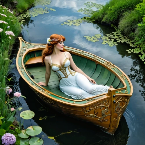 coracle,ophelia,amazonica,lilly pond,rusalka,lily of the nile,secret garden of venus,girl on the boat,thumbelina,shalott,lily pond,afloat,amphitrite,the blonde in the river,ninfa,rowboat,pedalo,lily pad,floating on the river,girl on the river,Illustration,Retro,Retro 13