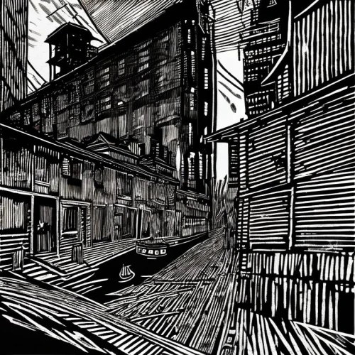 sidestreets,alleyway,alleyways,alleys,sidestreet,warehouses,blind alley,darktown,black city,alley,laneways,inks,fishtown,narrow street,row houses,slums,shantytowns,kowloon city,streetcar,townscape,Art sketch,Art sketch,Woodcut