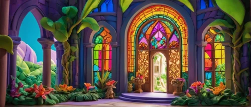 stained glass windows,stained glass window,stained glass,cartoon video game background,rivendell,church painting,forest chapel,3d fantasy,fairy tale castle,fantasy picture,fairy village,doorways,fairyland,fairy door,stained glass pattern,background design,holy forest,portal,church windows,fantasy art,Unique,3D,Clay
