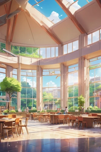 school design,cafeteria,renderings,lunchroom,cafeterias,breakfast room,lunchrooms,teahouse,cafeteros,daylighting,classroom,atriums,study room,sunroom,clubroom,schoolrooms,mountainview,violet evergarden,alpine restaurant,classrooms,Illustration,Japanese style,Japanese Style 03