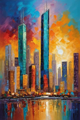 chicago skyline,cityscape,skyscrapers,colorful city,city skyline,chicago,dubia,urban towers,city scape,chicagoan,skyline,cityscapes,tall buildings,art painting,dubai,oil painting on canvas,skyscraper,supertall,skylines,painting technique,Conceptual Art,Oil color,Oil Color 20