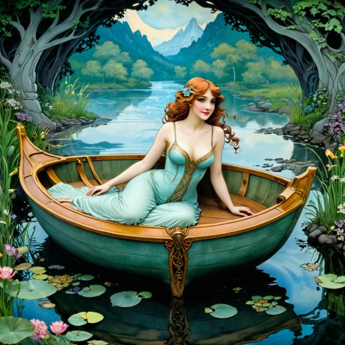 rusalka,ophelia,girl on the boat,titania,fairy tale,fairy tale character,coracle,fairie,cinderella,amphitrite,thumbelina,ostara,girl on the river,mermin,fantasia,ariel,a fairy tale,emile vernon,sirena,canoe,Illustration,Retro,Retro 13