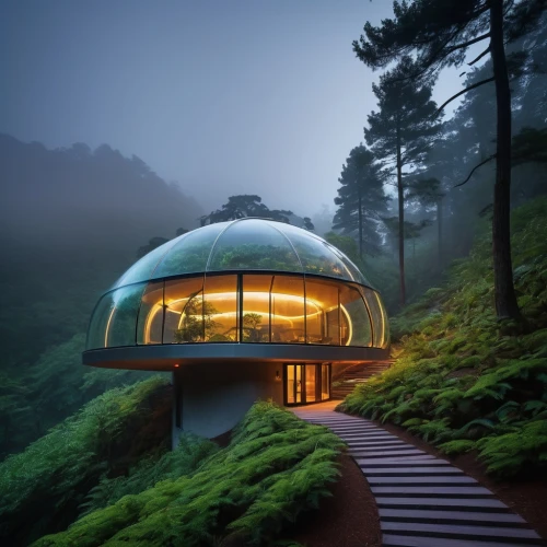 futuristic architecture,electrohome,forest house,cubic house,futuristic landscape,roof domes,house in mountains,cooling house,futuristic art museum,earthship,alishan,house in the mountains,round hut,mirror house,cube house,house in the forest,teahouse,hushan,amanresorts,underground garage,Unique,3D,Modern Sculpture