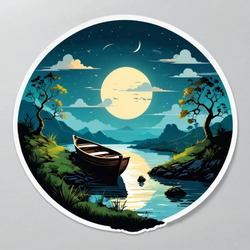 boat landscape,decorative plate,clipart sticker,river landscape,wooden plate,water lily plate,fairy tale icons,landscape background,little planet,floating island,floating on the river,paddleboat,coracle,xymox,discala,porthole,seidensticker,canoeist,an island far away landscape,moon and star background,Unique,Design,Sticker