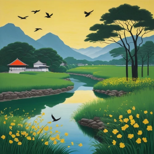 japan landscape,south korea,landscape background,rice fields,ricefield,yiping,guizhou,rural landscape,yamada's rice fields,korean folk village,meadow landscape,ricefields,mountain scene,vietnam,haiping,chiyonofuji,japanese art,yunnan,koreana,wenzhao,Conceptual Art,Oil color,Oil Color 13