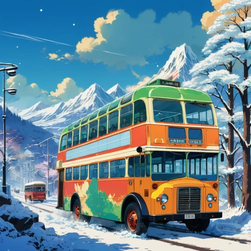 trolleybus,trolleybuses,routemasters,winter trip,snow scene,winter service,english buses,trolley bus,illustribus,routemaster,eurobus,sunbus,london bus,glacier express,city bus,citybus,firstbus,omnibuses,red bus,railbuses,Illustration,Japanese style,Japanese Style 03