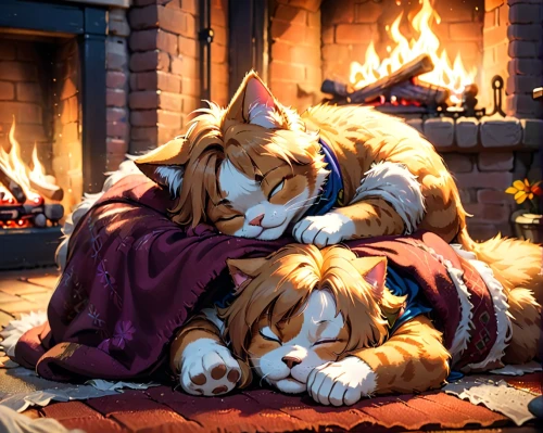 warm and cozy,warmth,catnap,fireside,cozier,coziness,warmest,warming,cozying,log fire,konoe,two cats,cat family,cat resting,snuggled,catnaps,warm,fireheart,christmas wallpaper,snug,Anime,Anime,Cartoon