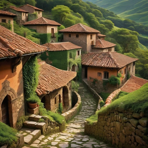 mountain village,alpine village,escher village,villages,tuscan,mountain settlement,stone houses,world digital painting,tuscany,wooden houses,toscana,shire,boardinghouses,mountain huts,meteora,toscane,potes,medieval street,volterra,traditional village,Conceptual Art,Oil color,Oil Color 19