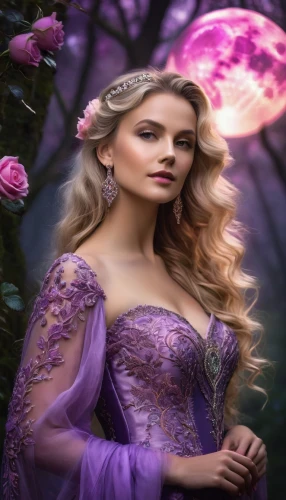 celtic woman,purple rose,rosa 'the fairy,faery,morgause,faerie,fairy queen,rapunzel,purple lilac,margaery,lilac blossom,enchanting,fantasy picture,fairy tale character,purple moon,amalthea,violetta,galadriel,margairaz,arianrhod,Photography,General,Fantasy