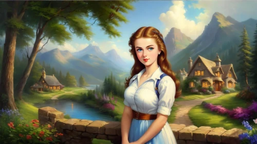 landscape background,innkeeper,fantasy picture,world digital painting,android game,margaery,game illustration,beleriand,townsfolk,mountain scene,fairy tale character,xanth,trine,forest background,springtime background,mystara,malon,fantasy art,eilonwy,fantasy portrait