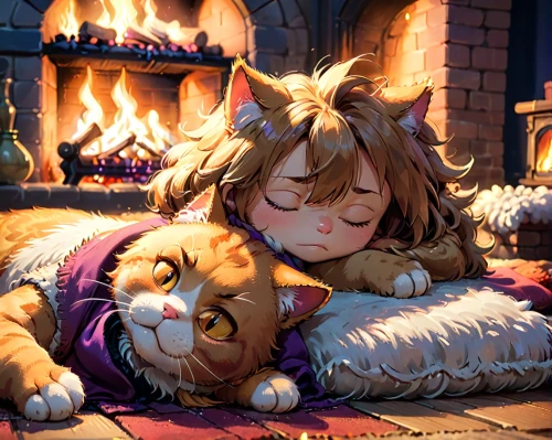 warmth,warm and cozy,fireside,cat resting,cozier,warmest,cozying,dog and cat,catnap,coziness,furgal,napping,cerberus,cat's cafe,fluffy diary,cosy,snuggled,mikania,maru,cat lovers,Anime,Anime,Cartoon