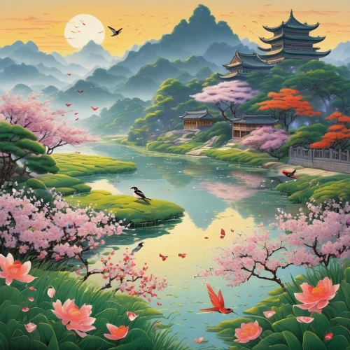 japan landscape,oriental painting,landscape background,japanese floral background,japanese art,fantasy landscape,yanzhao,sizhao,wenzhao,japanese sakura background,koi pond,chuseok,river landscape,south korea,flower painting,youliang,japanese background,yiping,haiping,lotus pond,Illustration,Japanese style,Japanese Style 13