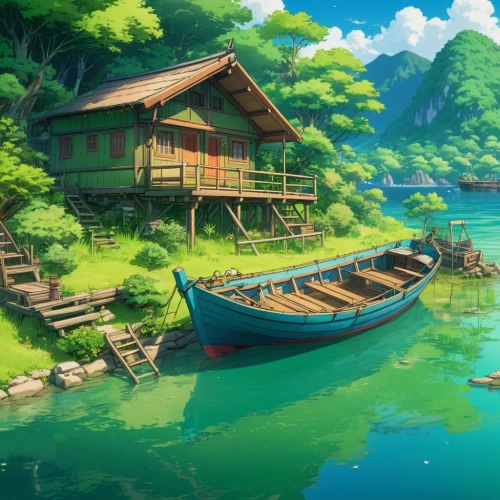 boat landscape,fishing village,floating huts,houseboats,japan landscape,houseboat,landscape background,wooden boat,floating islands,ghibli,butka,emerald sea,idyllic,world digital painting,teal blue asia,tailandia,hoenn,an island far away landscape,japanese background,docked,Illustration,Japanese style,Japanese Style 03