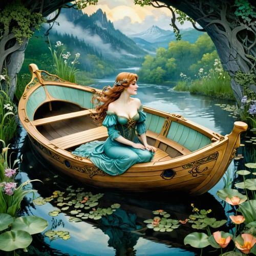 coracle,fantasy picture,canoeing,thumbelina,neverland,fairy tale,girl on the boat,fairytale,shalott,canoe,canoer,rusalka,ophelia,canoed,a fairy tale,eilonwy,fairyland,amphitrite,rowboat,the blonde in the river,Illustration,Retro,Retro 13