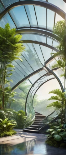 futuristic landscape,biodome,ecotopia,biopiracy,biomes,tunnel of plants,futuristic architecture,plant tunnel,biospheres,terraformed,arcology,amazonica,greenhouse cover,flower dome,atriums,biophilia,biosphere,cardassia,wintergarden,biome,Conceptual Art,Oil color,Oil Color 06