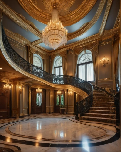 entrance hall,foyer,cochere,circular staircase,orsay,palatial,grand hotel europe,enfilade,emirates palace hotel,lanesborough,claridge,neoclassical,crown palace,ballroom,royal interior,lobby,winding staircase,palladianism,dramaten,staircase,Illustration,American Style,American Style 09