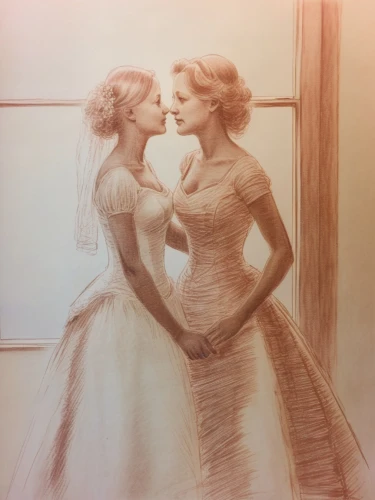 vintage drawing,underdrawing,underpainting,frigga,charcoal drawing,waltzing,pictorialism,mother kiss,kaylor,pencil drawing,maternal,celtic woman,mother and daughter,brides,silverpoint,doll looking in mirror,double exposure,harmlessness,photo painting,fabray