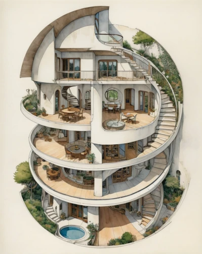 earthship,karchner,tree house hotel,ecovillages,cohousing,habitaciones,garden elevation,circular staircase,ecovillage,tree house,house floorplan,floorplan home,house drawing,treehouses,houses clipart,tropical house,round house,ecotopia,habitational,holiday villa,Illustration,Paper based,Paper Based 29