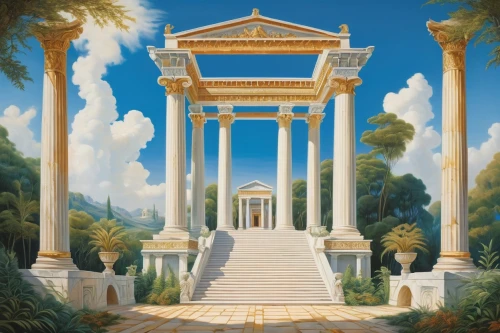 greek temple,artemis temple,neoclassicism,marble palace,pillars,neoclassical,palladianism,doric columns,palladian,cochere,zappeion,three pillars,neoclassicist,eckankar,columns,karakas,neoclassic,rosicrucian,halicarnassus,colonnaded,Illustration,Abstract Fantasy,Abstract Fantasy 16