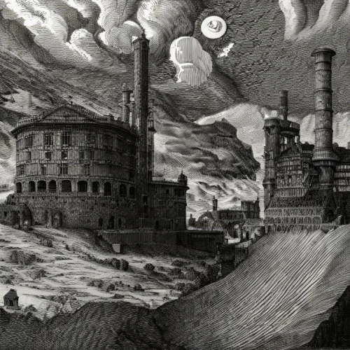 industrial landscape,piranesi,factories,industries,heavy water factory,coal-fired power station,industry,industrial plant,industrialization,fornasetti,mezzotints,refinery,engraving,brewery,powerplants,industrialism,lithograph,industrija,deindustrialization,incinerator,Art sketch,Art sketch,15th Century