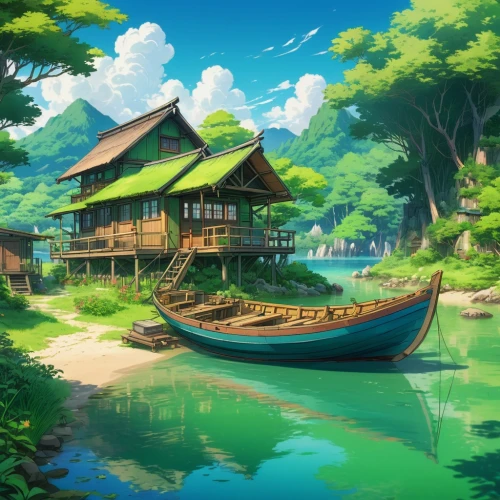 landscape background,boat landscape,houseboat,wooden boat,idyllic,fishing village,japan landscape,houseboats,dragon boat,japanese background,house by the water,floating huts,ghibli,world digital painting,teahouse,background design,cartoon video game background,oriental,rice fields,river landscape,Illustration,Japanese style,Japanese Style 03