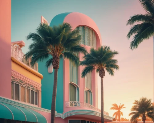 south beach,pastel wallpaper,tropicana,miami,riviera,bahama,mizner,art deco,tropical house,art deco background,palmbeach,fort lauderdale,haulover,floride,madras,palms,tropicale,florida,fla,palmtrees,Illustration,Realistic Fantasy,Realistic Fantasy 12