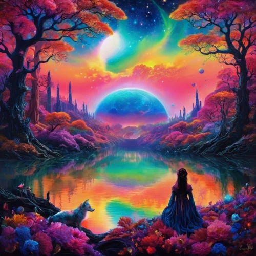 fantasy picture,dreamscape,dmt,astral traveler,shamanistic,shamanic,lucidity,mirror of souls,lysergic,psychedelia,shamanism,entheogens,alien planet,the mystical path,fantasy landscape,colorful tree of life,oracular,fantasy art,mystical,dreamscapes,Illustration,Realistic Fantasy,Realistic Fantasy 37