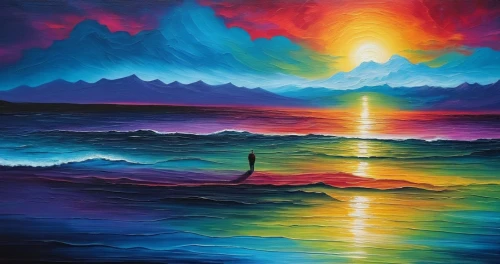 rainbow waves,abstract rainbow,seascape,colorful light,sea landscape,rainbow at sea,oil painting on canvas,rainbow background,ocean background,el mar,ocean,colorful background,colorful water,rainbow clouds,painting technique,art painting,senja,coast sunset,sun and sea,dream art,Illustration,Realistic Fantasy,Realistic Fantasy 25