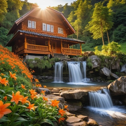 house in mountains,summer cottage,beautiful home,house in the mountains,water mill,home landscape,the cabin in the mountains,house with lake,nature wallpaper,idyllic,house in the forest,watermill,beautiful landscape,log home,house by the water,cottage,nature landscape,background view nature,wooden house,nature background,Photography,General,Realistic