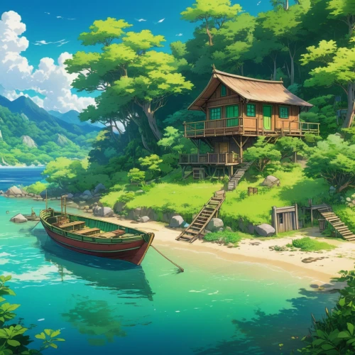 ghibli,studio ghibli,idyllic,butka,fishing village,hoenn,landscape background,seclude,boat landscape,house by the water,summer cottage,japan landscape,seaside country,an island far away landscape,emerald sea,yamatai,summer background,seahaven,houseboat,japanese background,Illustration,Japanese style,Japanese Style 03