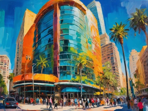 wilshire,ann margarett-hollywood,walt disney center,colorful city,pasadena,dobner,glass painting,transamerican,glendale,sandiego,glass building,oil painting on canvas,cahuenga,ciudad,escala,benidorm,san diego,encino,san diego skyline,los angeles,Conceptual Art,Oil color,Oil Color 20