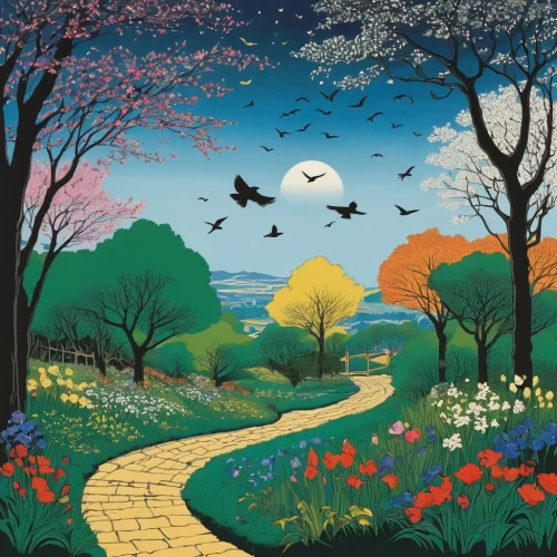 springtime background,primavera,flower and bird illustration,blooming field,spring background,tulip field,fairy world,tulip festival,studio ghibli,flower meadow,flower field,moomin world,spring morning,blue birds and blossom,walking in a spring,children's background,dubbeldam,spring meadow,ghibli,flower garden,Illustration,Black and White,Black and White 20