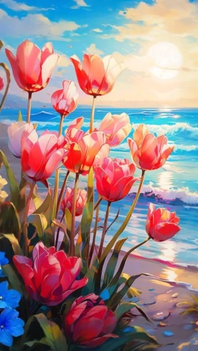 flower painting,splendor of flowers,flower background,pink tulips,beach landscape,tulip background,sea carnations,sea landscape,flower in sunset,landscape background,colorful background,landscape rose,floral background,flower art,dmitriev,sea of flowers,springtime background,flower water,blooming roses,splendid colors