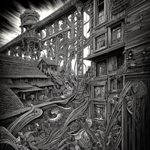 piranesi,woodring,escher,escher village,witch's house,labyrinths,schuitema,sci fiction illustration,labyrinth,brodsky,schuiten,book illustration,rookery,ravenloft,innsmouth,wooden houses,intricacy,labyrinthine,woodwork,wooden church,Art sketch,Art sketch,Fantasy