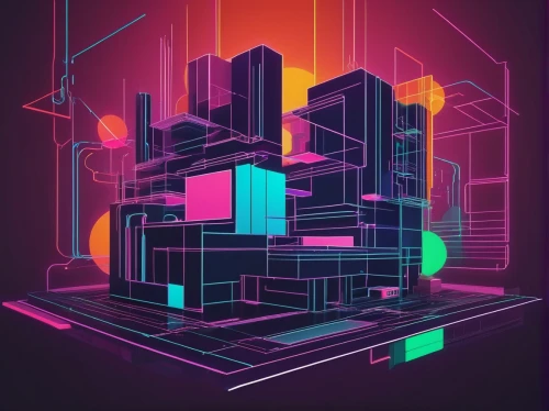 cybercity,cybertown,80's design,hypermodern,synth,isometric,tetris,cubes,abstract retro,wavevector,cyberscene,cubic,colorful city,cinema 4d,cyberarts,cybernet,microdistrict,cyberview,cyberport,mainframes,Illustration,Vector,Vector 20