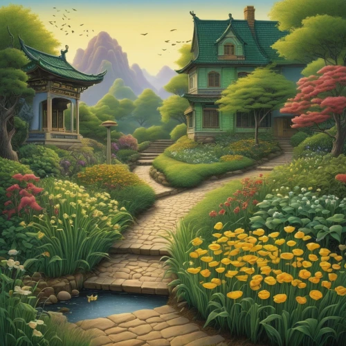 home landscape,yellow garden,landscape background,fairy village,studio ghibli,fantasy landscape,cottage garden,springtime background,cartoon video game background,japan garden,nature landscape,green landscape,flower garden,ghibli,children's background,world digital painting,dandelion hall,green garden,spring background,kinkade,Illustration,Children,Children 03