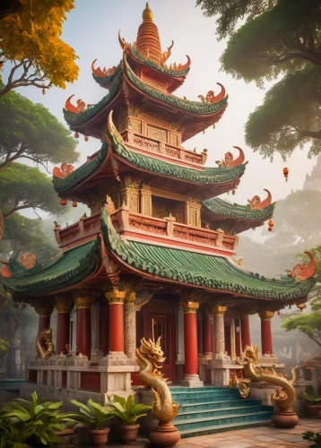 buddhist temple,asian architecture,thai temple,hall of supreme harmony,palyul,white temple,tianxia,pagodas,buddhist temple complex thailand,temple,hanging temple,buddha tooth relic temple,qibao,kaixian,dojo,ancient city,stone pagoda,taman ayun temple,emei,qingnian,Illustration,Abstract Fantasy,Abstract Fantasy 13
