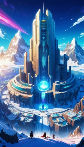 ice planet,cybercity,futuristic landscape,ice castle,ordos,tunheim,jotunheim,coldharbour,skyreach,homeworld,cybertown,cyberia,skyterra,cyberport,skylands,silico,fantasy city,arktika,citadels,snowhotel,Illustration,Japanese style,Japanese Style 03