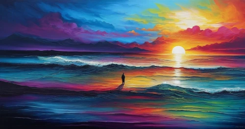 sea landscape,seascape,ocean background,ocean,rainbow waves,sun and sea,colorful background,oil painting on canvas,colorful light,art painting,the endless sea,coast sunset,dream art,colorful water,dreamscape,world digital painting,ocean waves,el mar,intense colours,painting technique,Illustration,Realistic Fantasy,Realistic Fantasy 25