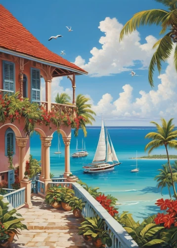 key west,curacao,seaside resort,tropical house,frederiksted,mustique,seaside country,christiansted,tropical island,caribbean,holiday villa,the caribbean,caribbean beach,antilles,southern island,beachfront,guadeloupe,tropical sea,florida home,bequia,Illustration,Retro,Retro 18