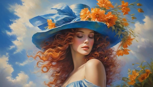 the hat of the woman,beautiful bonnet,dossi,fantasy portrait,woman's hat,flower hat,girl in flowers,romantic portrait,fantasy art,the hat-female,nestruev,splendor of flowers,girl wearing hat,flora,orange blossom,milliner,high sun hat,world digital painting,blue rose,mystical portrait of a girl,Conceptual Art,Daily,Daily 32