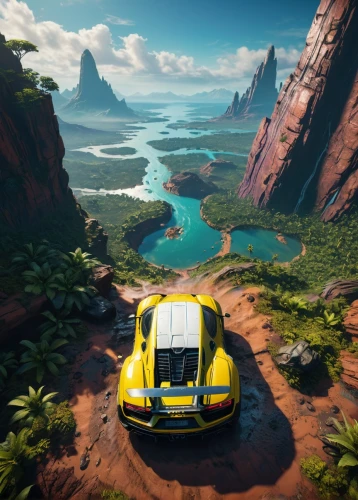 motorstorm,onrush,canyon,futuristic landscape,autopia,terraforming,alpine drive,uncharted,skylands,canyons,overland,bumblebee,runabout,cliffside,cartoon video game background,terraformed,3d car wallpaper,hinterlands,mountain highway,jugopetrol,Illustration,Realistic Fantasy,Realistic Fantasy 18