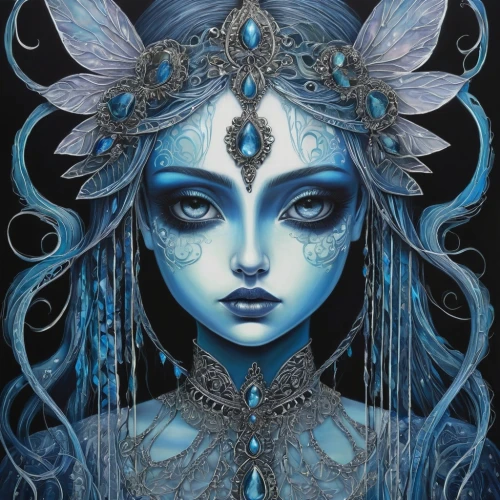 blue enchantress,ice queen,the snow queen,fairie,varuna,amidala,priestess,undine,fantasy art,fantasy portrait,the enchantress,kommuna,viveros,aquarius,duenas,drishti,dakini,baoshun,leota,faerie,Illustration,Abstract Fantasy,Abstract Fantasy 14