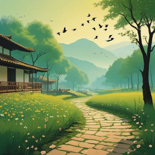 cartoon video game background,landscape background,background vector,spring background,springtime background,world digital painting,background design,nature background,home landscape,korean folk village,spring morning,japanese sakura background,meadow landscape,mobile video game vector background,japan landscape,children's background,background images,qingming,background image,japanese floral background,Conceptual Art,Daily,Daily 20