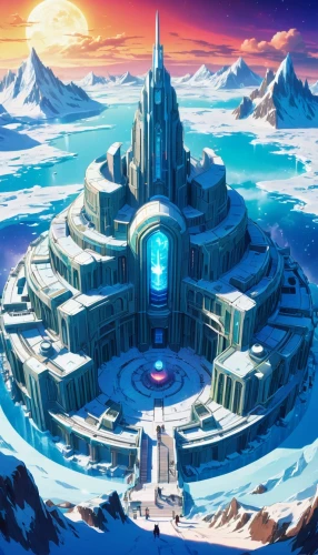 ice castle,atlantis,tirith,jotunheim,alfheim,icewind,skylands,summit castle,ice planet,tunheim,kingdoms,labyrinthian,silico,diamond lagoon,erebor,knight's castle,house of the sea,coldharbour,katara,ancient city,Illustration,Japanese style,Japanese Style 03